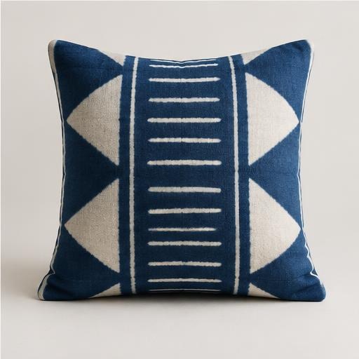 Indigo cushion with geometric textile patterns