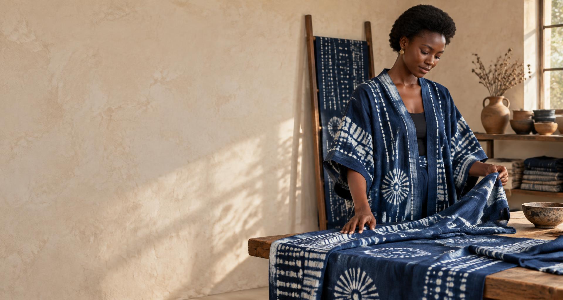 Textile maker arranging indigo Adire fabric in a sunlit studio