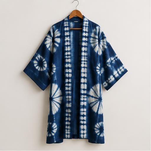 Indigo patterned Adire kimono on a wooden hanger