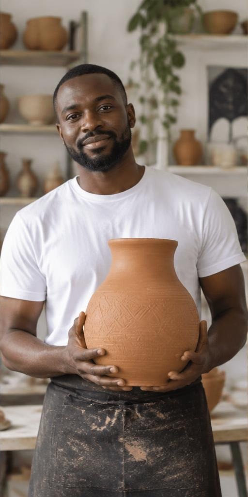 Ceramic maker holding a handmade clay vessel